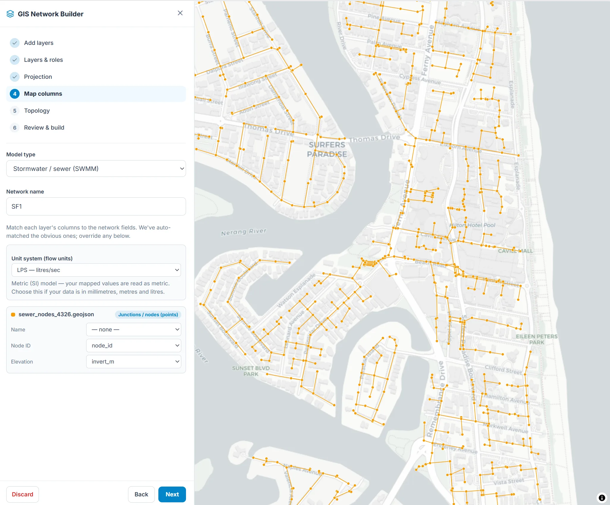 The HydroDSS GIS Network Builder wizard building a SWMM sewer network from a GeoJSON layer: steps for layers, roles, projection, column mapping, topology, and review, with the layer previewed on the map.